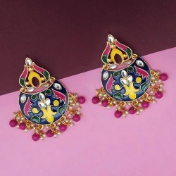 Kriaa Blue Meenakari And Beads Kundan Dangler Earrings 1