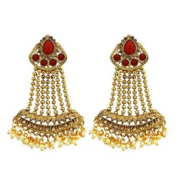 Kriaa Maroon Kundan Stone Gold Plated Dangler Earrings