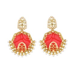 Kriaa Zinc Alloy Gold Plated Resin Pearl Dangler Earring Red