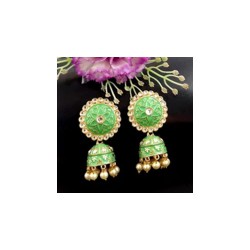 Light Green Glossy Meenakari Pearl Drop Jhumki Earrings 4