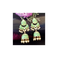 Light Green Glossy Meenakari Pearl Drop Jhumki Earrings 5