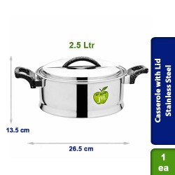 Stainless Steel Casserole with strong Plastic Handle with Lid 2.5 Ltr