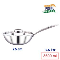 Triply (3-Layer) Stainless Steel Wok Pan With Stainless Steel Lid 26 Cm